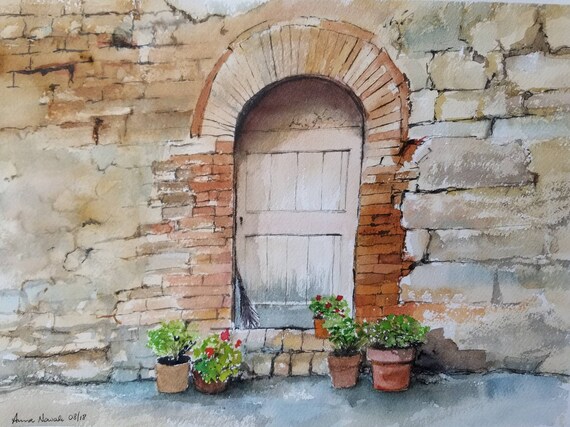 Old Door Original Watercolor Painting Italian Style Brick Home Arched Door Vintage Style Cottage Vintage Wall Decor