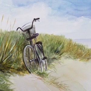 Matted 17&quot; x 12.5&quot; Bicycle on the Beach Original Watercolor Painting Handmade Art Bike Painting