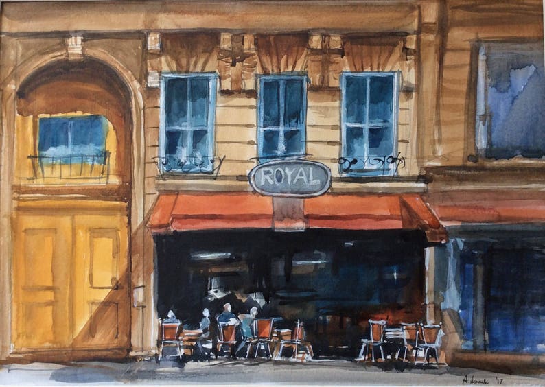 Matted FRENCH Cafe Original Watercolor Painting European | Etsy