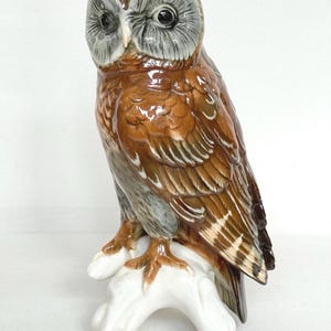 May include: A glazed ceramic owl figurine featuring brown and grey plumage with detailed feather textures. The owl is perched on a smooth, white, branch-like base. The bird has large, dark, glossy eyes and a light-colored beak, rendered in a realistic style.