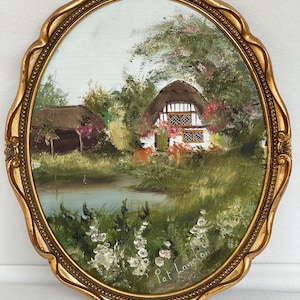 Vintage English Cottage Oil Painting by Pat Langton, Oval Gilt Frame