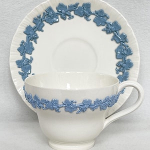 Vintage Wedgwood Embossed Queen&#39;s Ware Tea Cup And Saucer Duo. White And Blue.