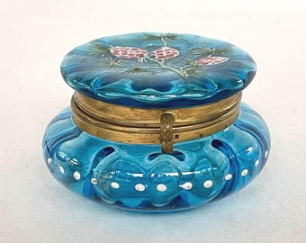 アンティークの小物入れ / 化粧台用ボックス ターコイズブルーガラス