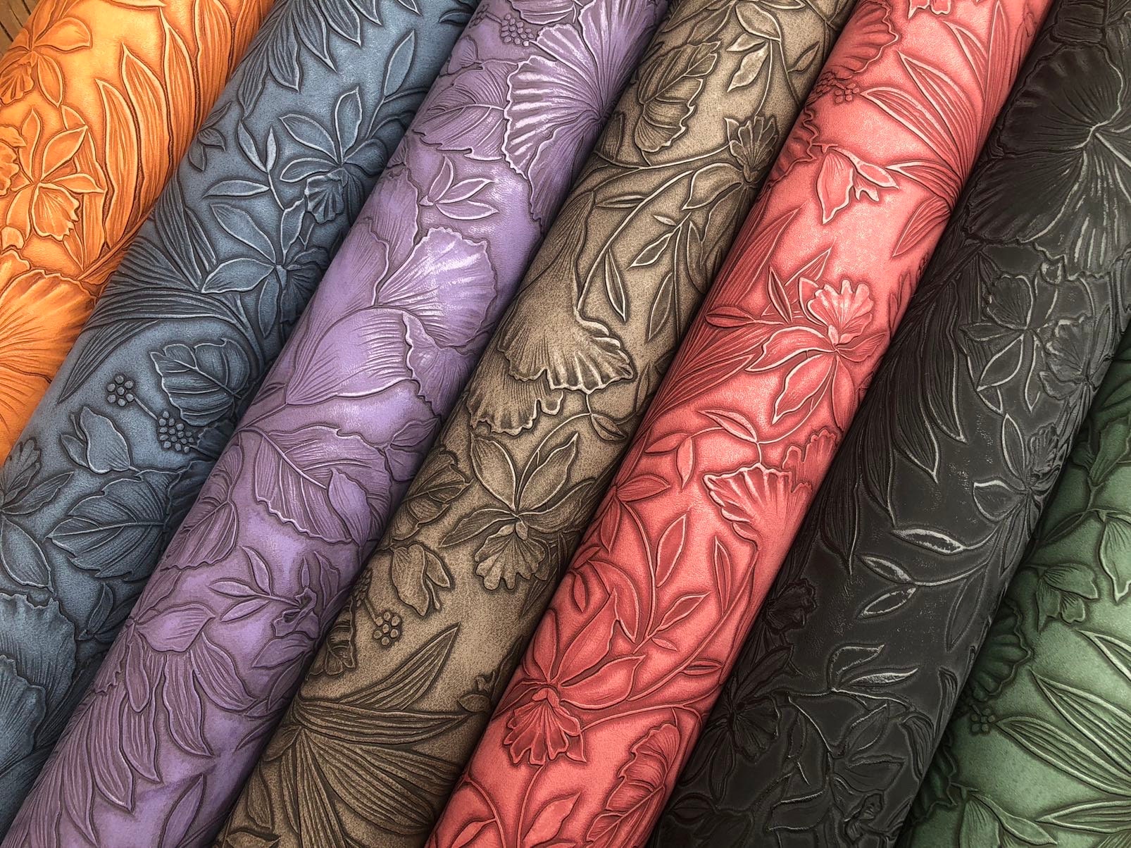 Floral embossed faux leather for bags, garments, and upholstery
