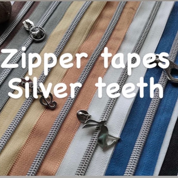 Size 5 zipper tapes by the meter, nylon zipper tape with silver look teeth, cut to length zipper tapes, zipper tapes for bags