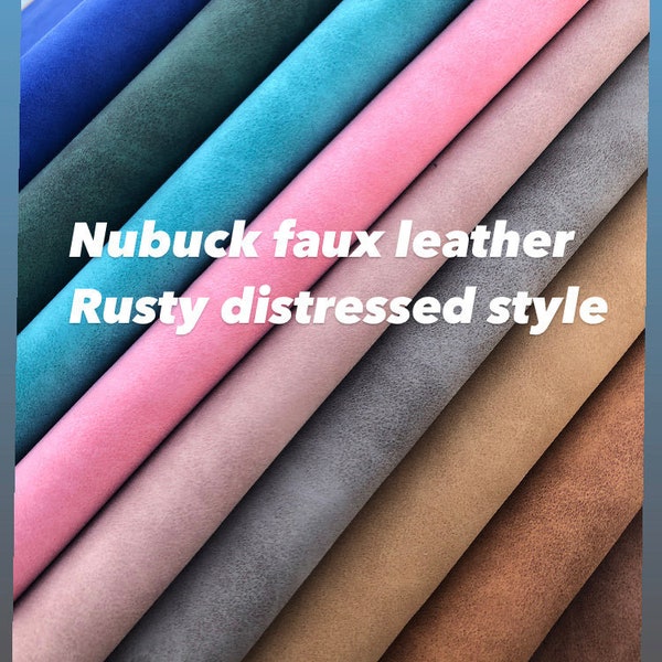 Distressed faux leather, Rusty style vegan leather, Nubuck faux leather, Weathered look, plain synthetic leather for bags, garments