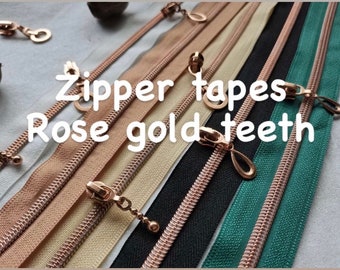Reißverschlussbänder mit roségoldenen Zähnen, Meterware – Größe 5