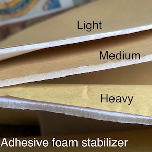 Puede incluir: Tres piezas de estabilizador de espuma adhesiva, etiquetadas como "Light", "Medium" y "Heavy".