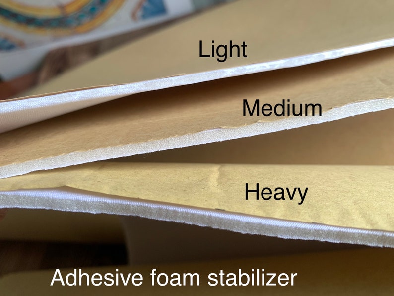 Puede incluir: Tres piezas de estabilizador de espuma adhesiva, etiquetadas como "Light", "Medium" y "Heavy".