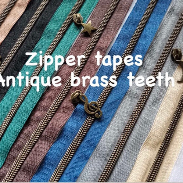 Antique brass size 5 zipper tapes by the meter, coil nylon zipper tapes, cut to length zipper tapes, zipper tapes for bags