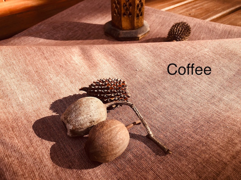 K&ouml;nnte beinhalten: Drei braune Samenkapseln mit einer stacheligen braunen Samenkapsel auf einer braunen Stoffoberfl&auml;che. Der Text "Coffee" ist auf dem Stoff geschrieben.