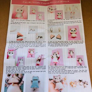 May include: A step-by-step guide for needle felting a cat brooch. The instructions include images of each step, showing how to felt the cat's body, head, tail, and legs. The final image shows a completed cat brooch.