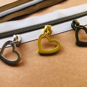 Big heart zipper pulls for nylon zipper tapes, size 5 zipper sliders, zipper pulls for bag making, dress making and home decor