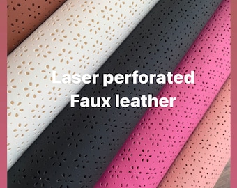 May include: Five rolls of laser-cut faux leather in different colours: white, black, pink, and two shades of brown. The rolls are stacked on top of each other and the text "Laser perforated Faux leather" is visible in the centre of the image.