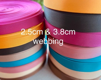 3m rolls of plain polyester webbing - 2.5 cm and 3.8cm DWS