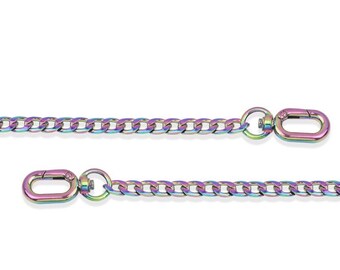 May include: A rainbow iridescent chain with two lobster claw clasps. The chain is made of metal and has a curb link design.