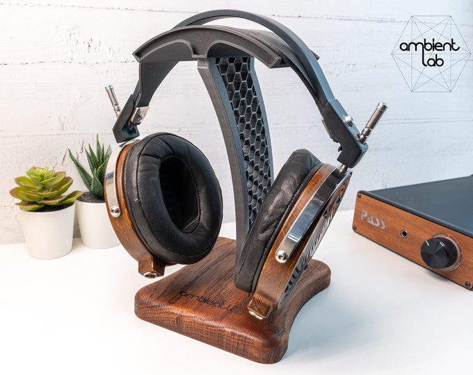 Featured listing image: Wooden Headphone Stand, Hi Fi Audiophile headphones, Gift for Him Her, Music, Fathers Day, Dad Gift, , ideal for home studio