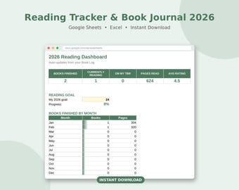Reading Tracker Google Sheets | 2026 Book Tracker Spreadsheet, TBR List, Reading Log, Book Review Journal, Reading Challenge, Excel sheets