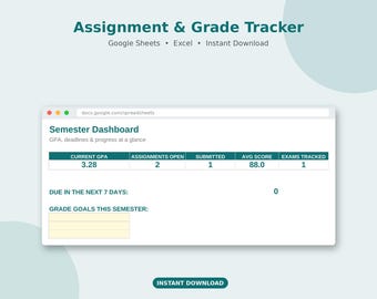 Assignment Tracker Google Sheets | College Student Planner, GPA Calculator, Grade & Homework Tracker, Exam Planner, Back to School 2026
