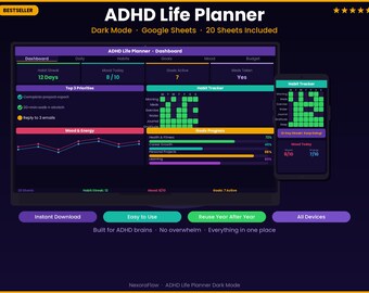 ADHD Daily Planner Google Sheets | Dark Mode Life Planner Spreadsheet, Routine & Task Tracker, Neurodivergent Friendly Digital Download