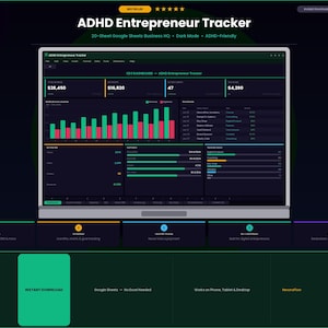 Puede incluir: Un rastreador digital ADHD Entrepreneur Tracker mostrado en una pantalla de portátil, con una interfaz en modo oscuro que incluye un panel de gráficos financieros, diagramas de barras, tablas de datos y pestañas de navegación.