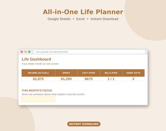 All in One Life Planner Google Sheets | Budget Planner, Habit Tracker, Bill Tracker, Weekly Meal Planner, Goals, Cleaning, Excel Template