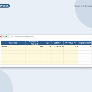 May include: A digital spreadsheet titled PR TRACKER and Workout & Fitness Tracker. The table displays columns for Exercise, Current PR (Weight), Reps, Date Set, Previous PR, and Improvement, with a row entry for Deadlift showing 225 lbs, 5 reps.