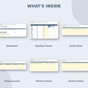 May include: A digital Bible study spreadsheet template titled WHAT'S INSIDE, featuring six distinct browser window views: a Dashboard, Reading Tracker, Study Notes, Prayer Journal, Memory Verses, and Sermon Notes, all organized in a grid layout.