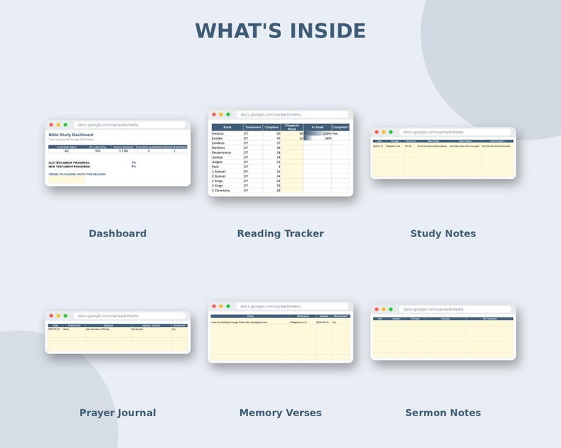 May include: A digital Bible study spreadsheet template titled WHAT'S INSIDE, featuring six distinct browser window views: a Dashboard, Reading Tracker, Study Notes, Prayer Journal, Memory Verses, and Sermon Notes, all organized in a grid layout.