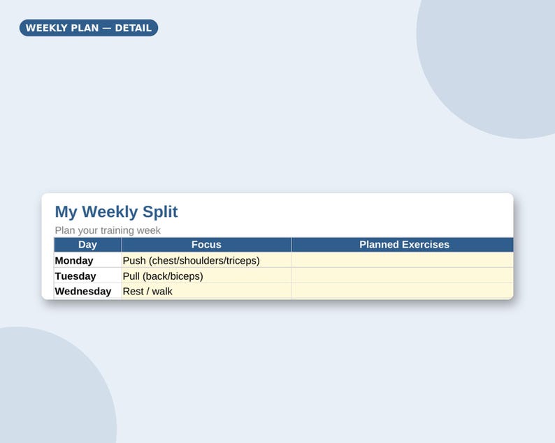 May include: A weekly training planner template featuring the text 'WEEKLY PLAN &mdash; DETAIL' and 'My Weekly Split'. The table includes columns for Day, Focus, and Planned Exercises, with rows for Monday, Tuesday, and Wednesday listing specific workout goals.