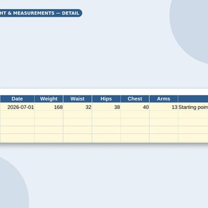 May include: A digital weight and measurement tracking chart with a blue header labeled WEIGHT & MEASUREMENTS &mdash; DETAIL. The table columns include Date, Weight, Waist, Hips, Chest, Arms, and Notes. The first row shows 2026-07-01, 168, 32, 38, 40, 13, Starting point.