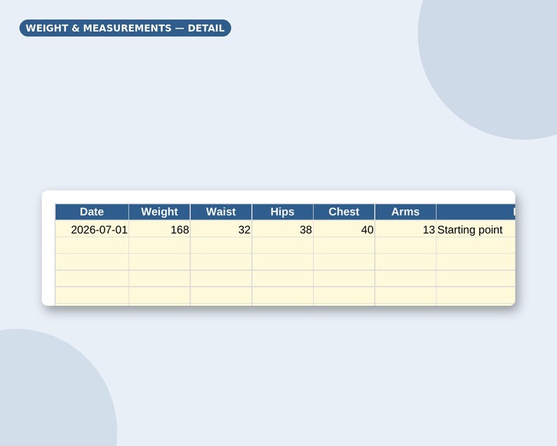 May include: A digital weight and measurement tracking chart with a blue header labeled WEIGHT & MEASUREMENTS &mdash; DETAIL. The table columns include Date, Weight, Waist, Hips, Chest, Arms, and Notes. The first row shows 2026-07-01, 168, 32, 38, 40, 13, Starting point.
