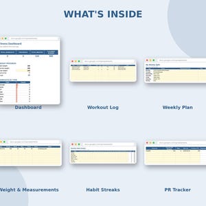May include: A digital fitness dashboard spreadsheet template featuring six distinct tabs labeled Dashboard, Workout Log, Weekly Plan, Weight & Measurements, Habit Streaks, and PR Tracker. The layout uses a blue and white color scheme with data tables.