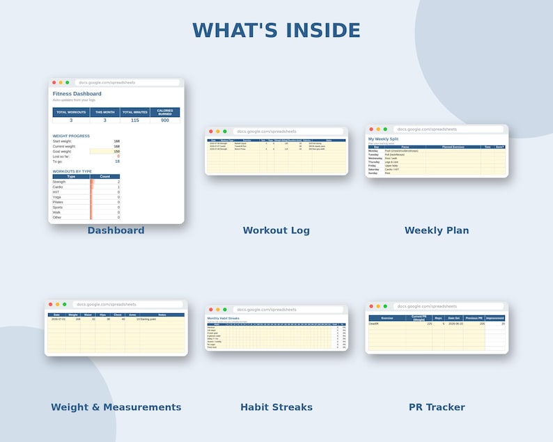 May include: A digital fitness dashboard spreadsheet template featuring six distinct tabs labeled Dashboard, Workout Log, Weekly Plan, Weight & Measurements, Habit Streaks, and PR Tracker. The layout uses a blue and white color scheme with data tables.