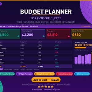 May include: A digital budget planner for Google Sheets by NexoraFlow featuring a dark purple interface with a dashboard displaying monthly income, total budgeted, total spent, and savings. It includes a table for categories, a savings progress bar, and five-star ratings.