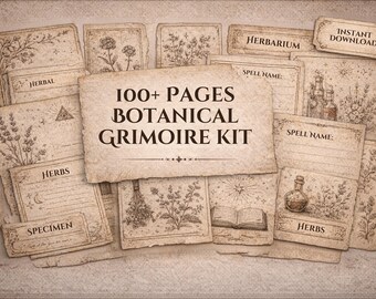 Botanical Grimoire 100 Page Junk Journal Kit | Herbal Witch Book of Shadows, Dark Academia Printable, Grimoire Garden Instant Download Canva