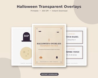 Halloween Ephemera Overlays PNG | 26 Transparent Clipart Elements, Frames, Tickets, Postmarks, Washi Strips, Instant Download