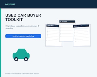 Used Car Inspection Checklist PDF, Car Buying Planner, VIN Review, Test Drive and Negotiation Guide, Vehicle Comparison Toolkit