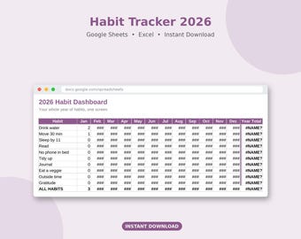 Habit Tracker 2026 Google Sheets | 12 Month Daily Habit Tracker Spreadsheet, Routine & Streak Tracker, ADHD Friendly Goal Planner, Excel