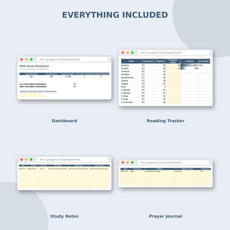 Main tabs of the bible study planner in a square grid