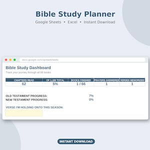 Bibelstudieplanerare Google Sheets | Bibelläsningsspårare Alla 66 böcker, bönedagbok, predikoanteckningar, bibelminne, kristen gåva