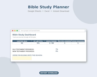 Bible Study Planner Google Sheets | Bible Reading Tracker All 66 Books, Prayer Journal, Sermon Notes, Scripture Memory, Christian Gift