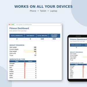 May include: A digital fitness dashboard spreadsheet displayed on a laptop screen and a smartphone. The interface includes sections for total workouts, weight progress, and workout types, with text reading WORKS ON ALL YOUR DEVICES Phone Tablet Laptop.