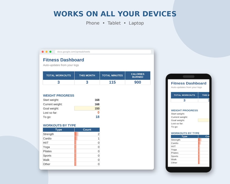 May include: A digital fitness dashboard spreadsheet displayed on a laptop screen and a smartphone. The interface includes sections for total workouts, weight progress, and workout types, with text reading WORKS ON ALL YOUR DEVICES Phone Tablet Laptop.