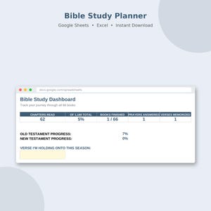 May include: A digital Bible Study Planner dashboard for Google Sheets and Excel. The interface displays progress tracking for 66 books, including chapters read, books finished, prayers answered, verses memorized, and Old and New Testament progress.