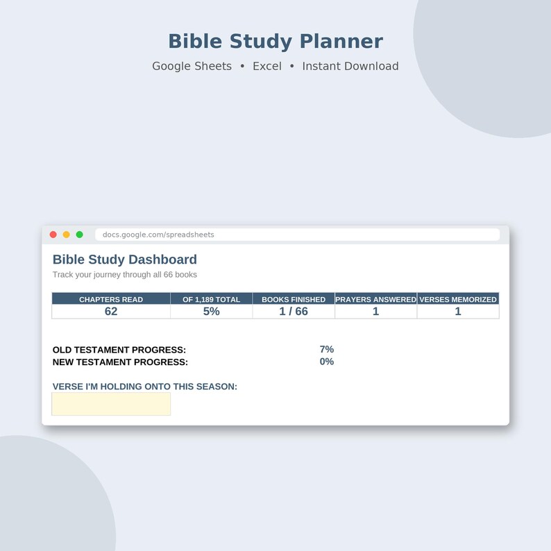 May include: A digital Bible Study Planner dashboard for Google Sheets and Excel. The interface displays progress tracking for 66 books, including chapters read, books finished, prayers answered, verses memorized, and Old and New Testament progress.