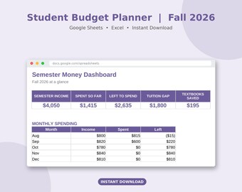 Student Budget Planner Google Sheets | Back to School 2026, College Budget Spreadsheet, Semester Money Tracker, Financial Aid, Textbooks