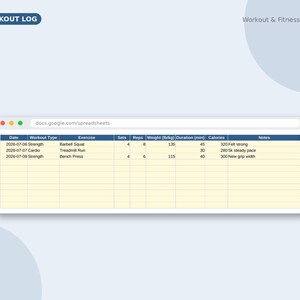 Workout Tracker Google Sheets | Fitness Planner Spreadsheet, Gym Log, Exercise & Weight Loss Tracker, Habit Tracker, PR Log, Excel Template image 3