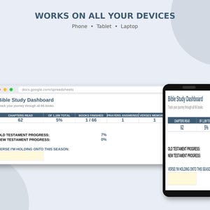May include: A digital Bible Study Dashboard displayed on a laptop screen and a smartphone. The interface includes progress trackers for chapters read, books finished, prayers answered, verses memorized, and Old and New Testament progress percentages.