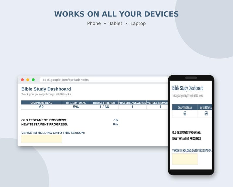 May include: A digital Bible Study Dashboard displayed on a laptop screen and a smartphone. The interface includes progress trackers for chapters read, books finished, prayers answered, verses memorized, and Old and New Testament progress percentages.